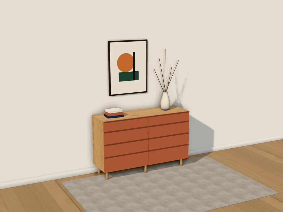 A sideboard with eight drawers in terracotta on oak legs