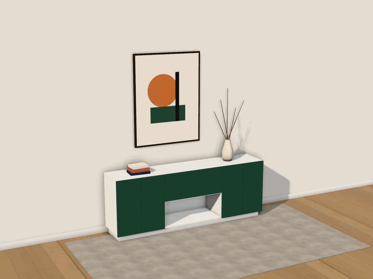 A bottle green sideboard with an open niche in the middle