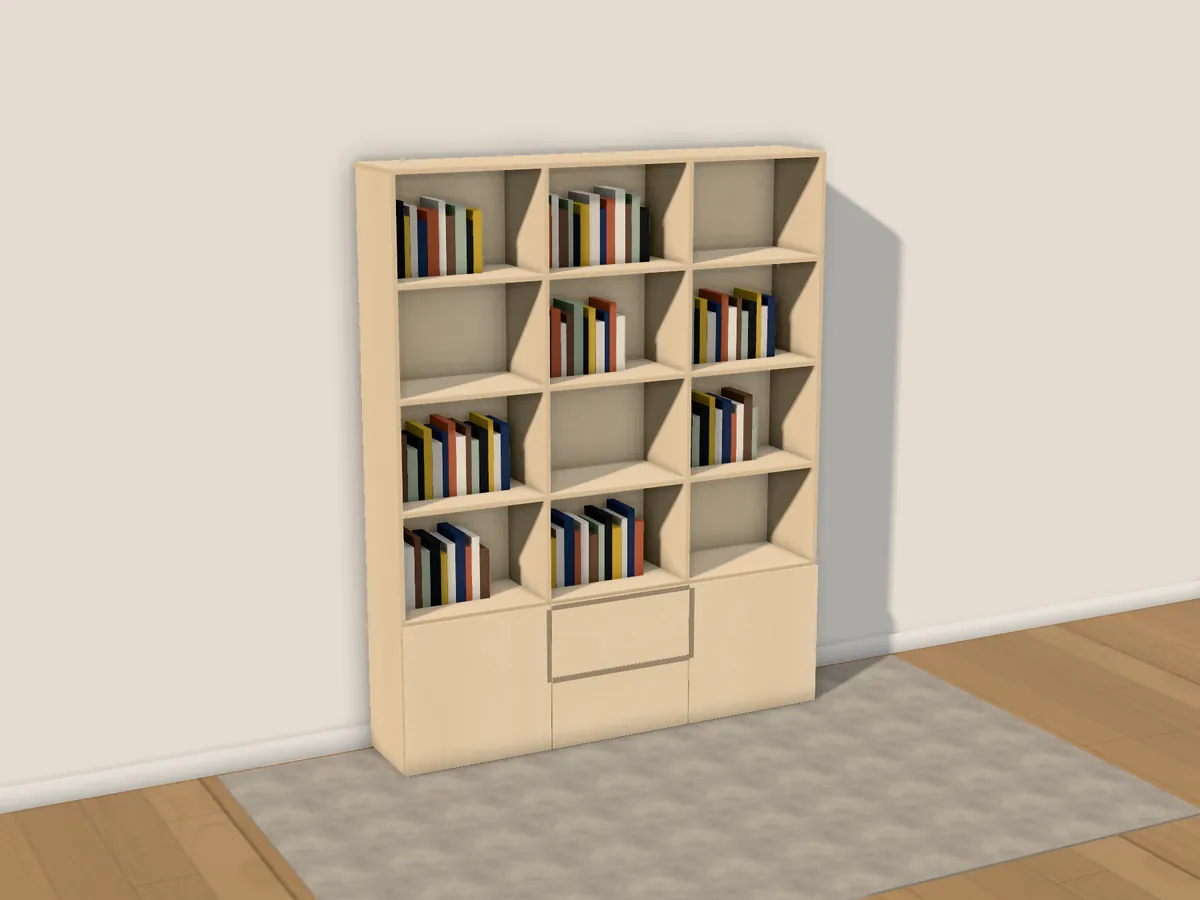 A birch plywood bookcase with books, with doors and drawers at the bottom