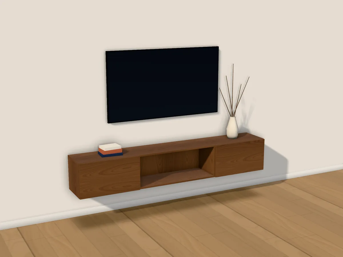 A walnut TV unit mounted on the wall under the TV