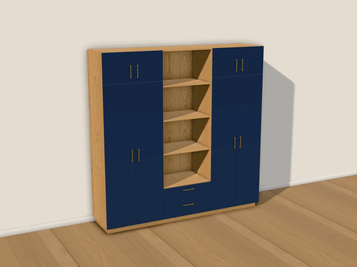 A wardrobe with a niche: navy fronts, oak carcass, brass handles