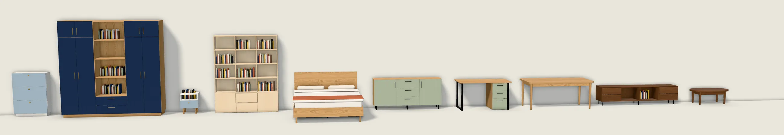 A shoe cabinet, wardrobe, bedside table, bookcase, bed, sideboard, desk, table, TV unit and coffee table from the configurator, at the same scale